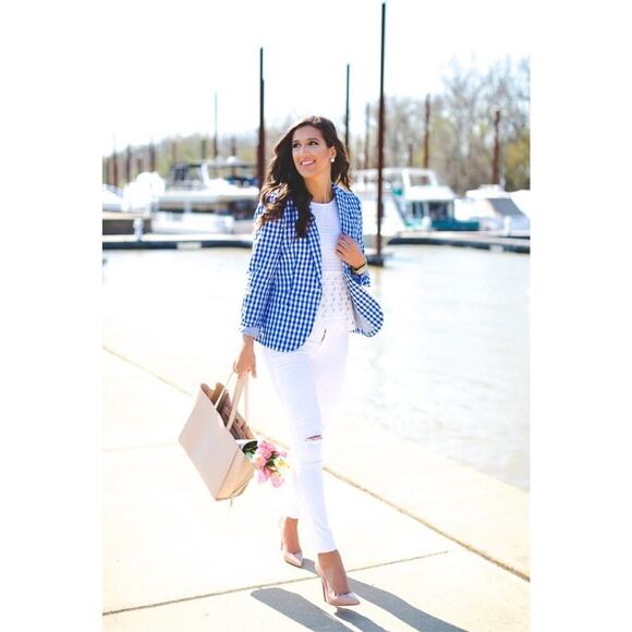 J.Crew Campbell Linen Blazer‎ Size 4 Gingham Blue Casual Office Career Preppy - Picture 16 of 16